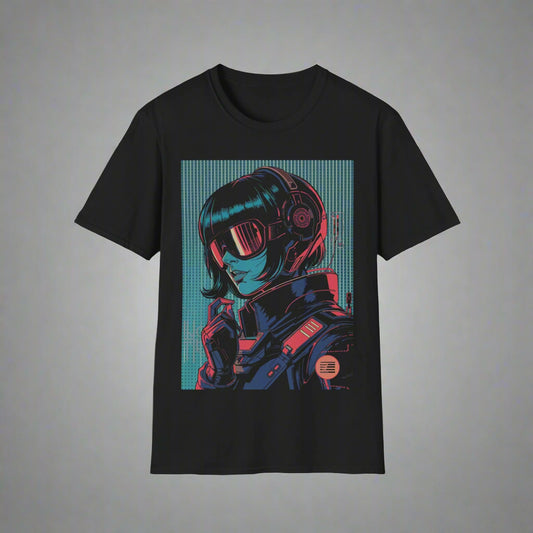 Black t-shirt with a futuristic character design