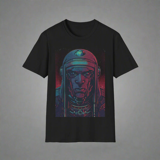 Black t-shirt with a graphic of a character in a spacesuit