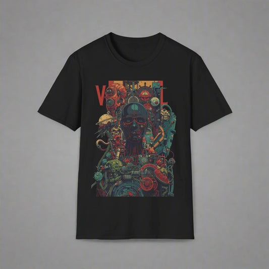 Black t-shirt with a colorful graphic design