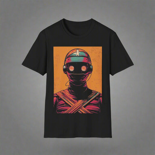 Black t-shirt with a robot graphic on an orange background