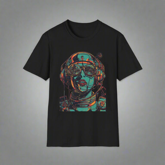 Black t-shirt with a colorful astronaut graphic