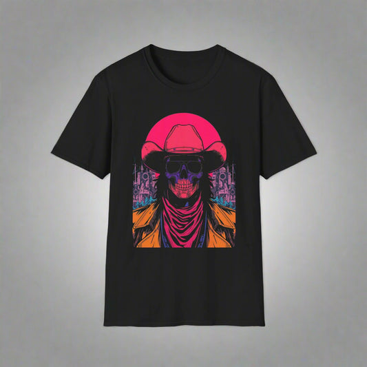 Black t-shirt with a colorful graphic of a skeleton wearing a cowboy hat