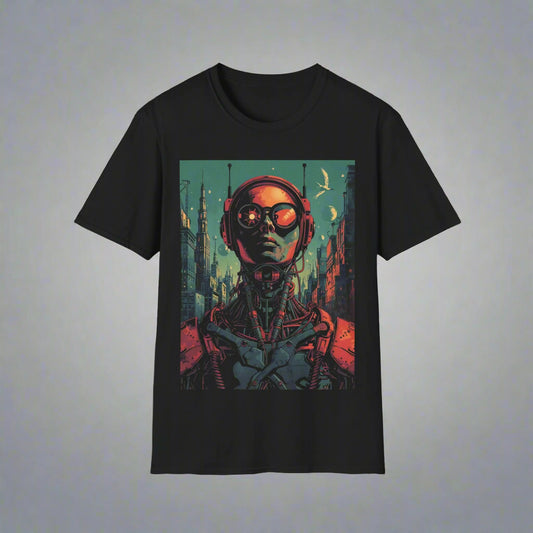 Black t-shirt with a futuristic robot design