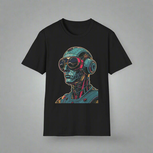 Black t-shirt with a robot graphic design