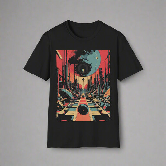 Black t-shirt with a colorful abstract design
