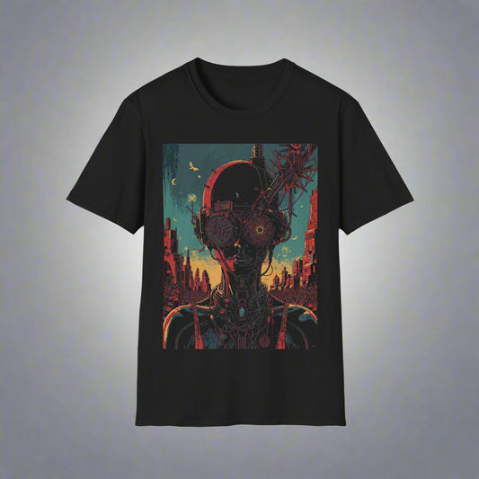 Black t-shirt with a robot and cityscape design