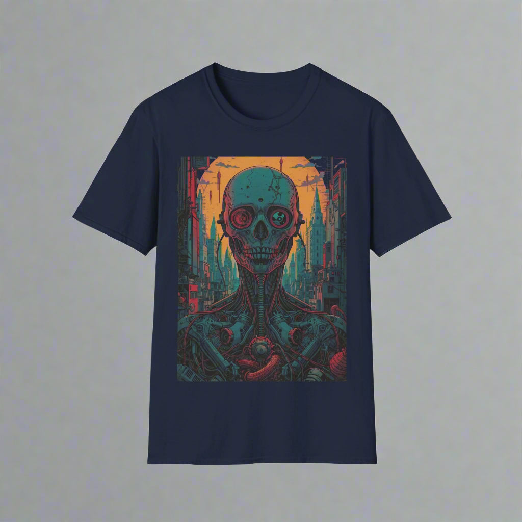 Navy blue t-shirt with a colorful alien design