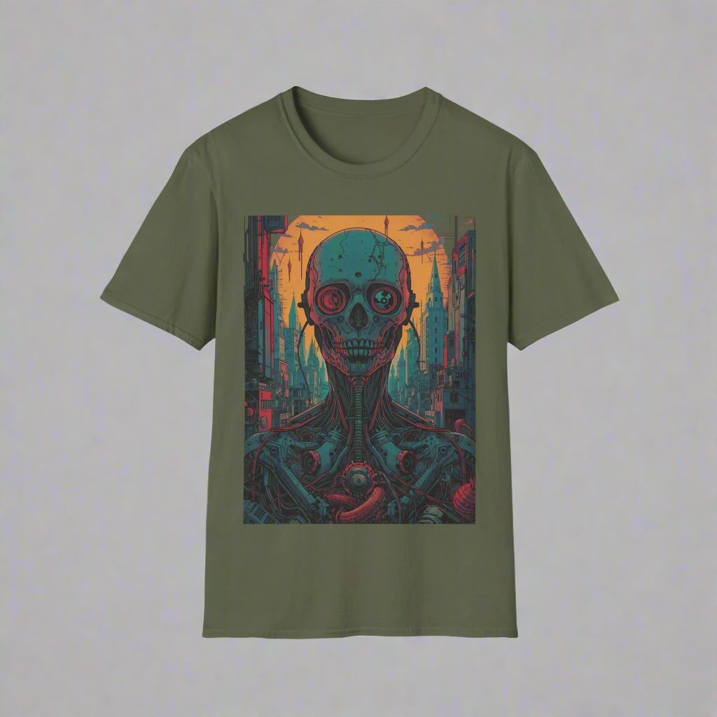 Green t-shirt with a colorful graphic of a skull