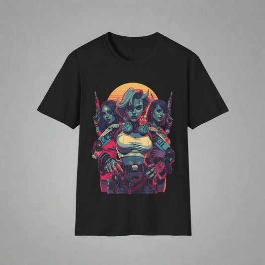 Black t-shirt with a colorful graphic design of a character with weapons