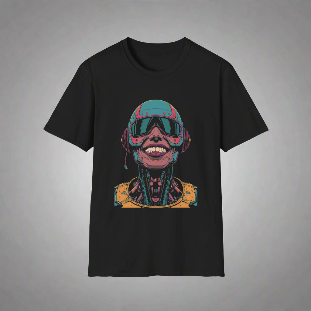 Black t-shirt with a colorful graphic of a robot face