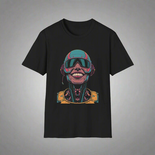 Black t-shirt with a colorful graphic of a robot face