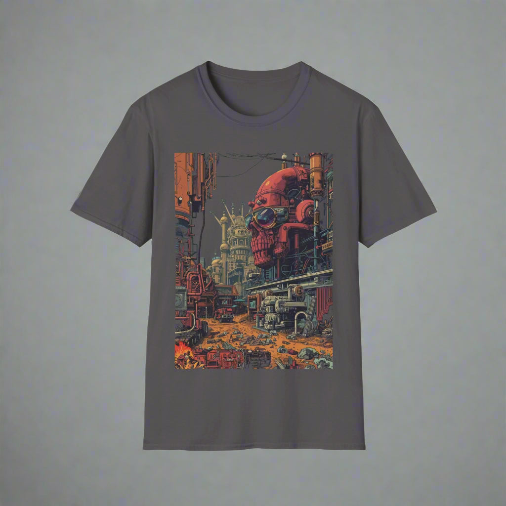 Gray t-shirt with a colorful graphic of a robot in an urban setting