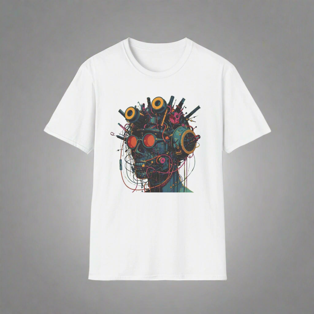 White t-shirt with a colorful abstract design