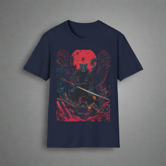 Navy blue t-shirt with red and multicolor graphic design