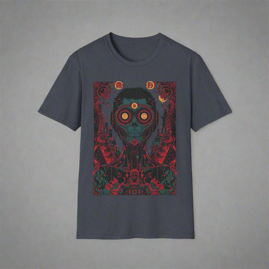Gray t-shirt with a graphic design of a character with large eyes