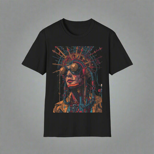 Black t-shirt with a colorful graphic design