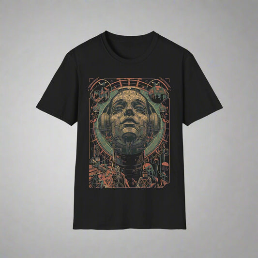 Black t-shirt with a graphic design of a face and abstract elements