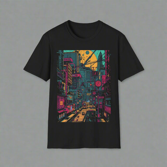 Black t-shirt with a colorful cityscape graphic