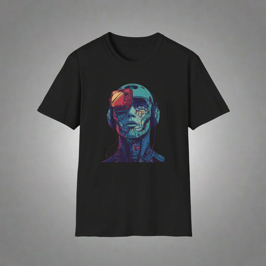 Black t-shirt with a colorful robot graphic