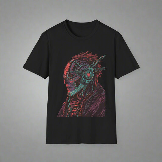 Black t-shirt with a graphic design of a person wearing headphones