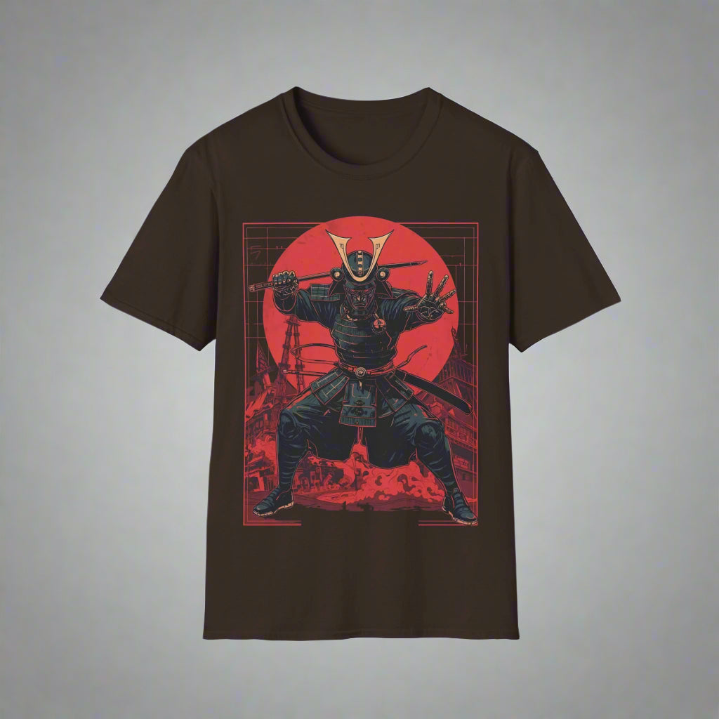 Navy blue t-shirt with a red and black graphic of a warrior