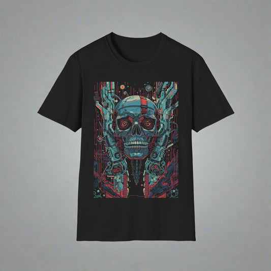 Black t-shirt with a colorful skull and circuit design