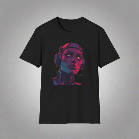 Black t-shirt with a colorful graphic of a person wearing headphones