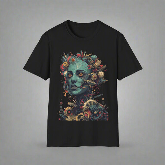 Black t-shirt with a colorful graphic design