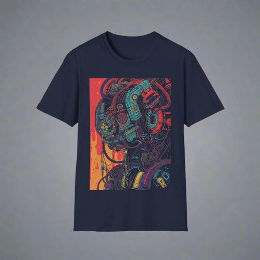 Navy blue t-shirt with a colorful mechanical design