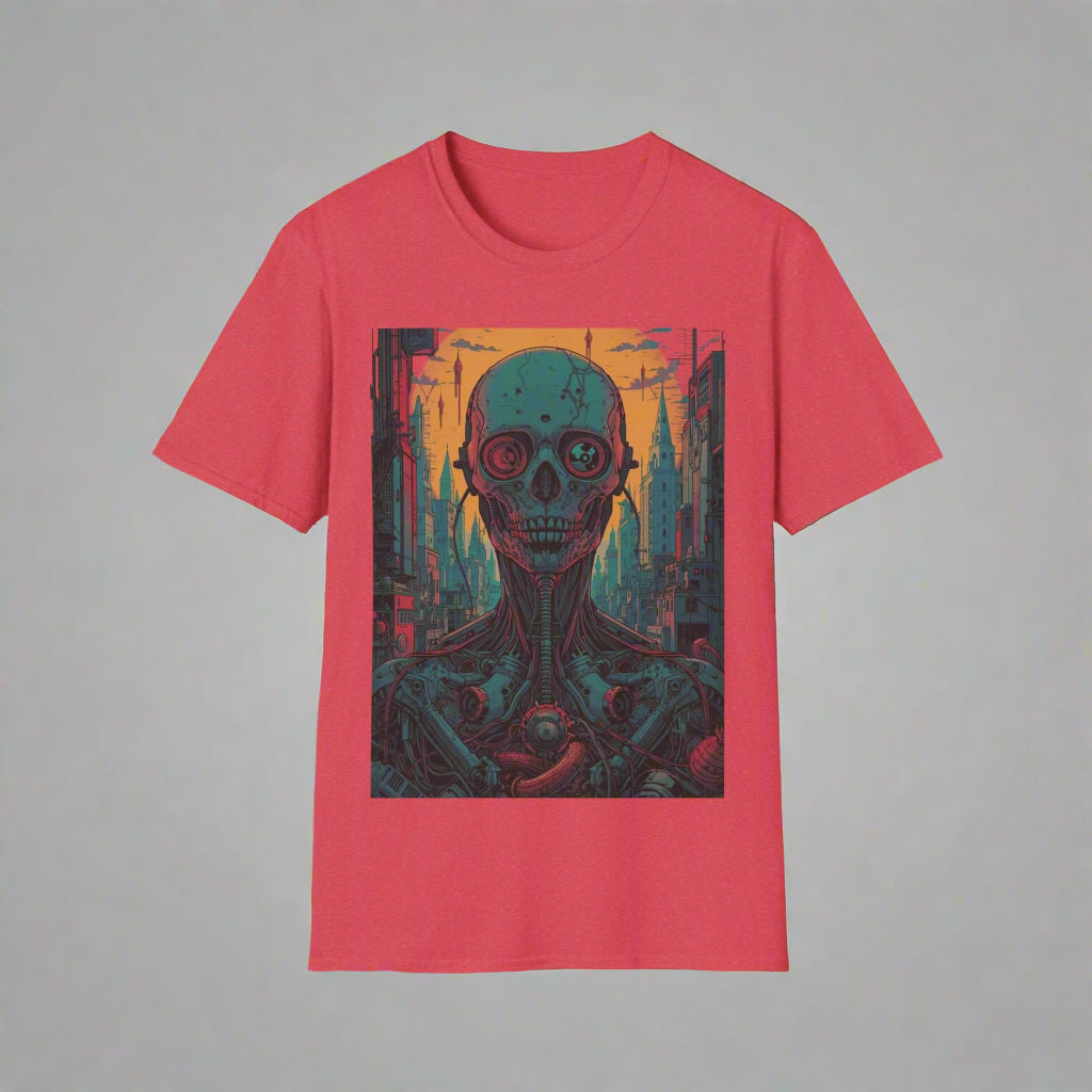 Red t-shirt with a graphic design of a skull wearing glasses