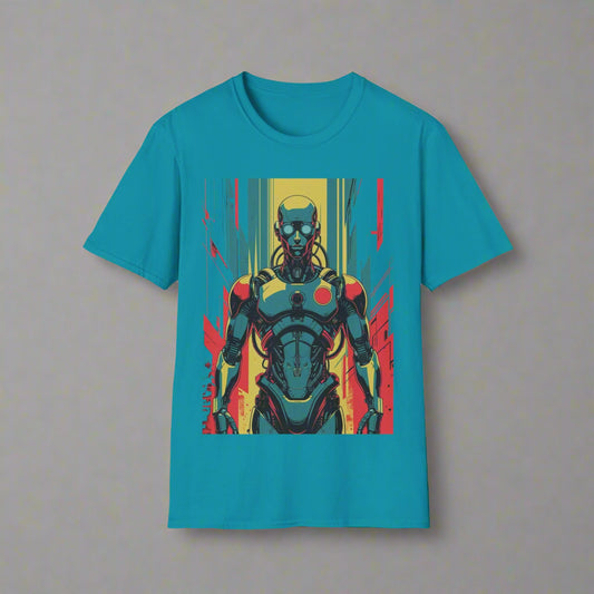 Teal t-shirt with a robot graphic