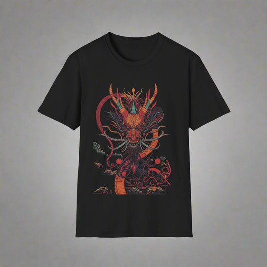 Black t-shirt with a colorful dragon design