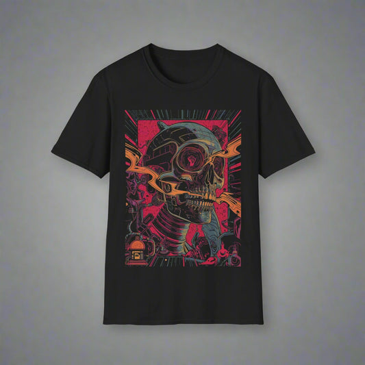 Black t-shirt with a colorful graphic design