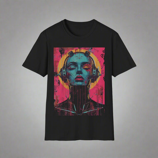 Black t-shirt with a colorful graphic design of a face wearing headphones