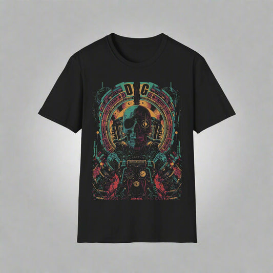 Black t-shirt with colorful graphic design