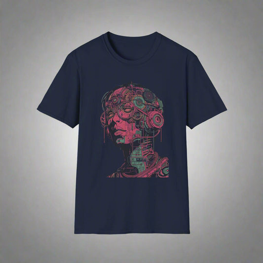 Navy blue t-shirt with a mechanical head design