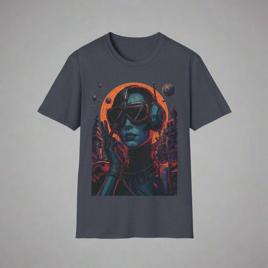 Gray t-shirt with a graphic of a person in a space suit