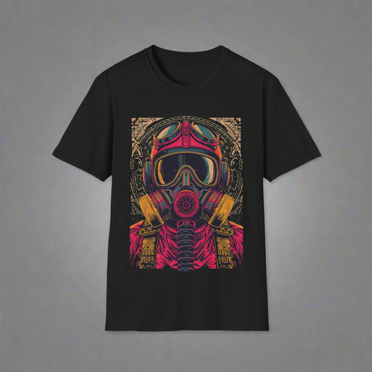 Black t-shirt with a colorful graphic of a helmet and gas mask
