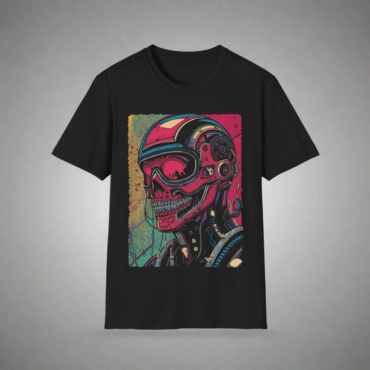 Black t-shirt with a colorful skull and helmet graphic