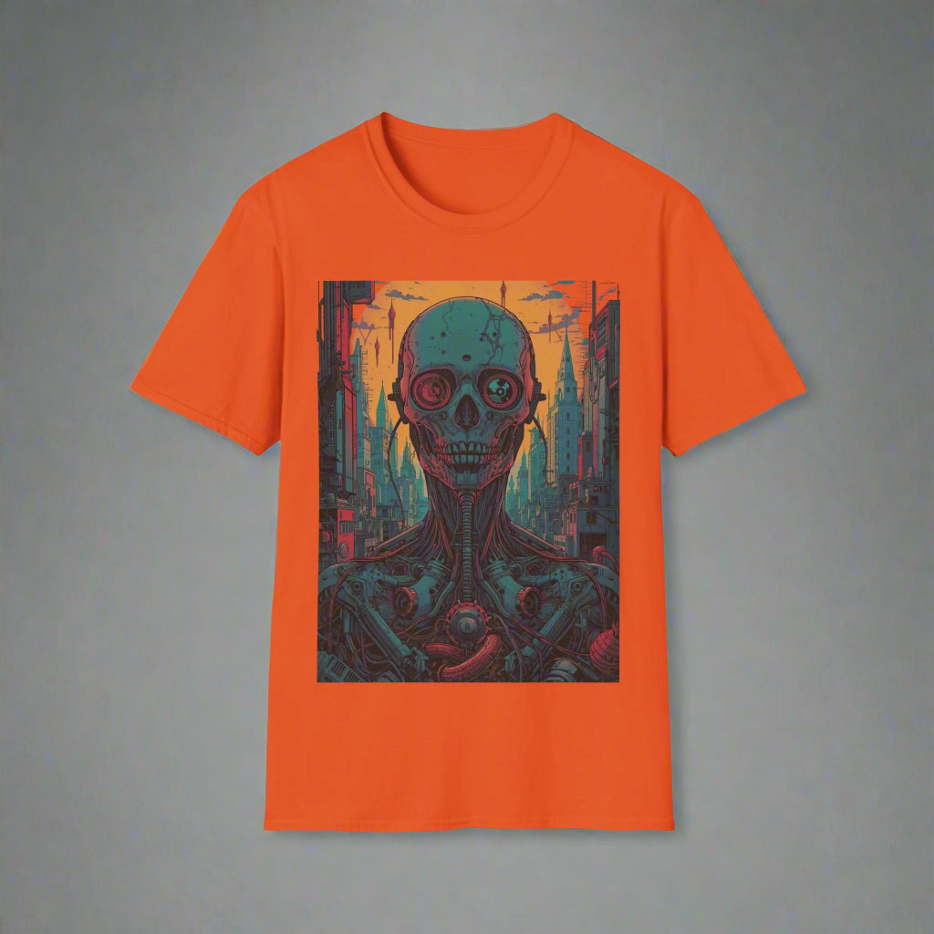 Orange t-shirt with a graphic design of a skull and cityscape