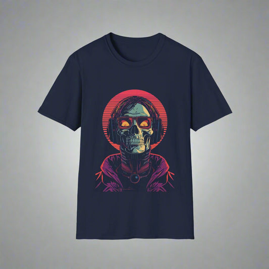 Navy blue t-shirt with a graphic design of a skull and red circle