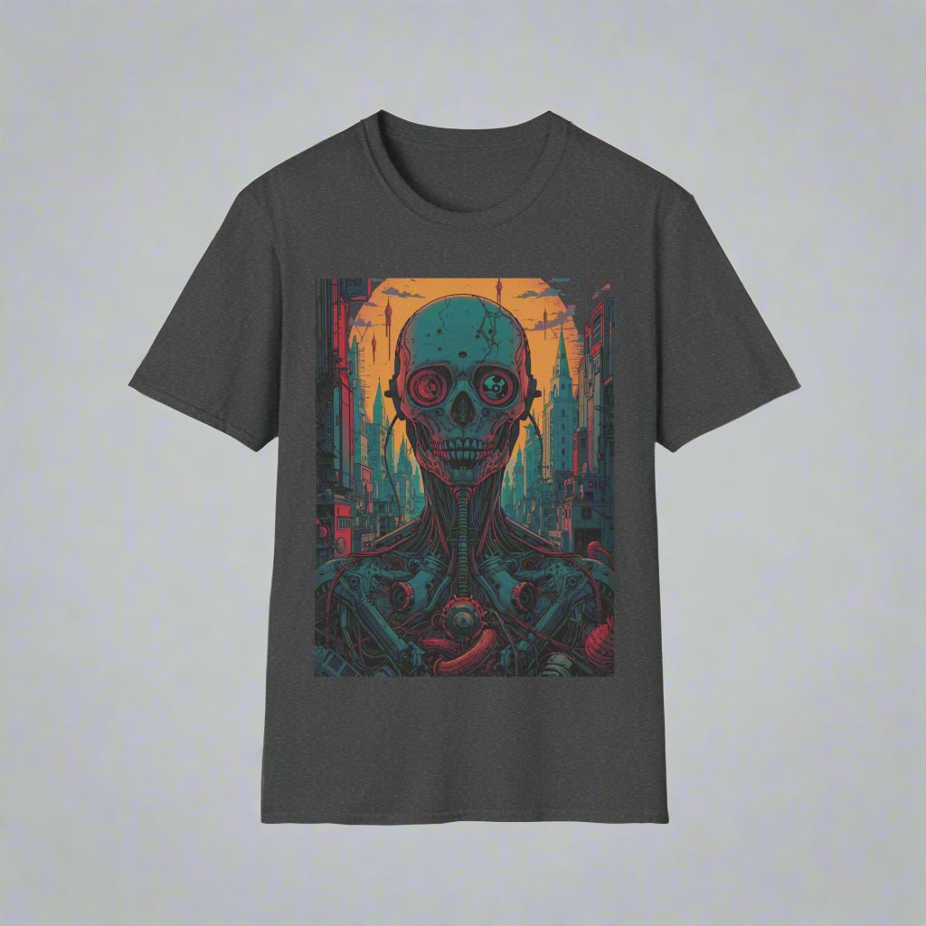 Gray t-shirt with a colorful skull design