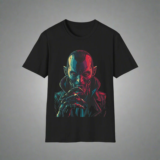 Black t-shirt with a colorful graphic design