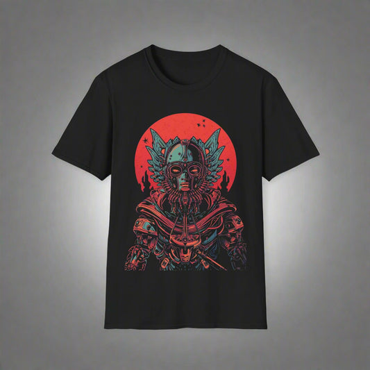 Black t-shirt with a graphic design of a warrior in armor against a red circle