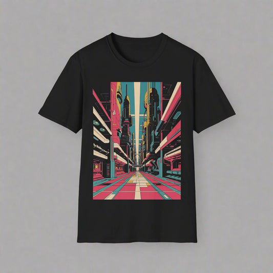 Black t-shirt with a colorful cityscape graphic