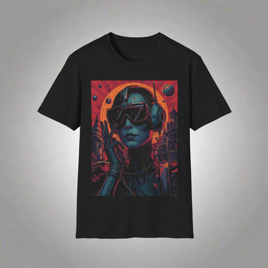 Black t-shirt with a graphic of a person wearing goggles and headphones