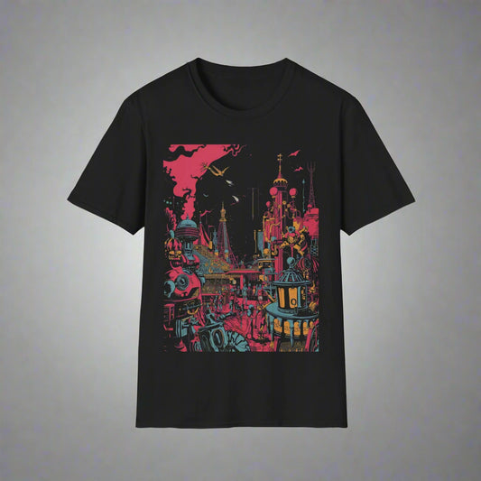 Black t-shirt with colorful graphic design