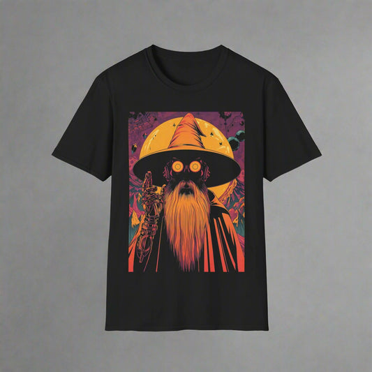 Black t-shirt with a colorful graphic of a wizard