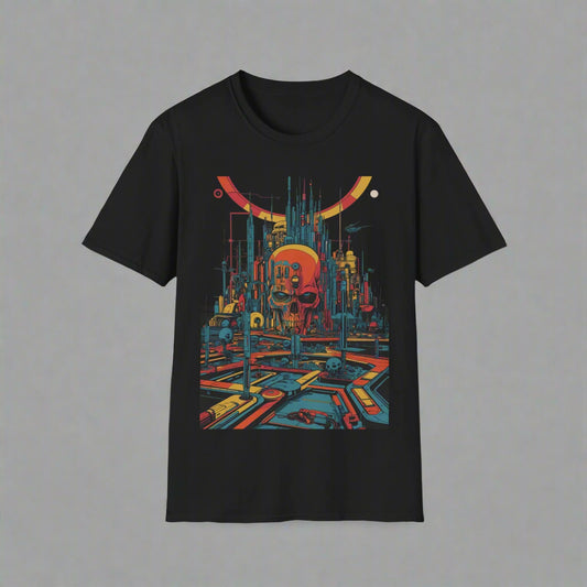Black t-shirt with a colorful futuristic cityscape design