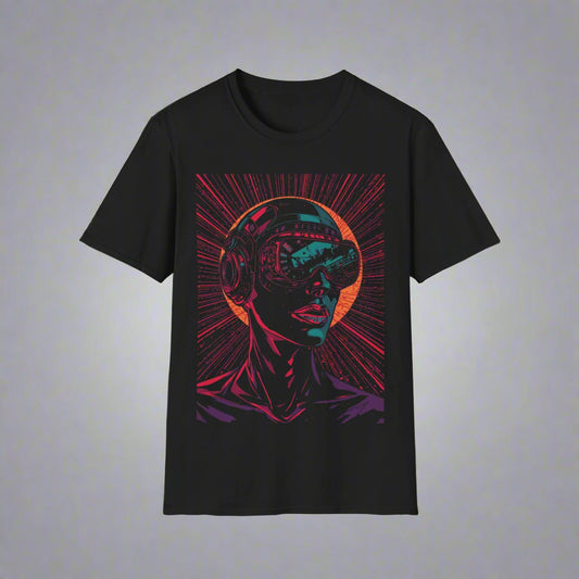 Black t-shirt with a colorful graphic design